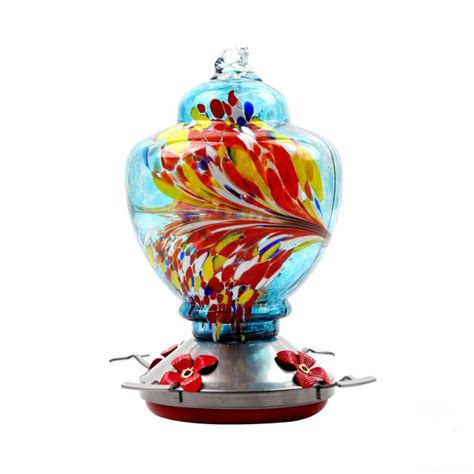 Hummingbird Feeder with Perch - Hand Blown Glass - 38 Fluid Ounces Hummingbird Nectar Capacity ...