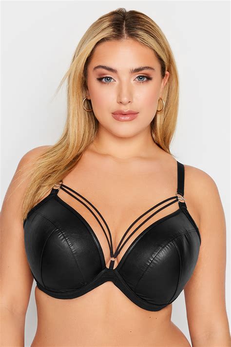 Plus Size Black Faux Leather Strap Detail Padded Underwired Plunge Bra | Yours Clothing