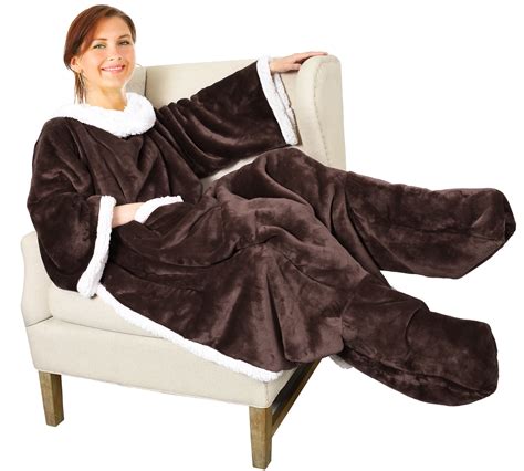 Sherpa Wearable Blanket with Sleeves & Foot Pockets for Adult Women Men,Comfy Snuggle Wrap ...