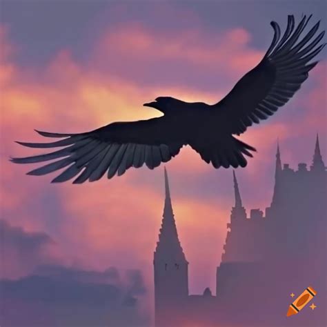 Raven flying by gothic castle against sunset sky on Craiyon