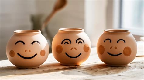 Premium Photo | Smiling Ceramic Pots on Sunlit Wooden Table