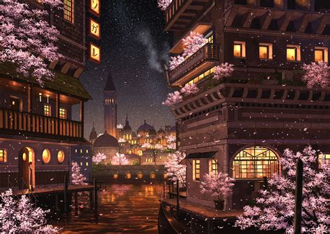 boat building cherry blossoms city flowers night original pei (sumurai) petals scenic stars ...