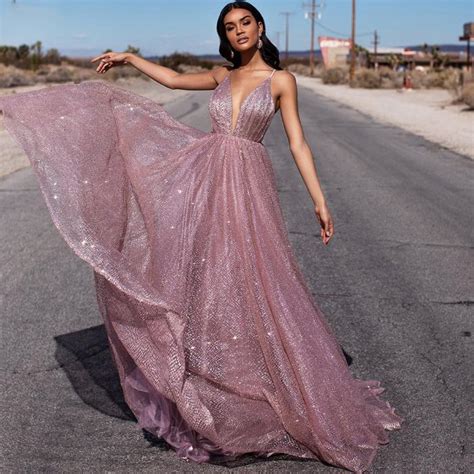 Dusty Rose V-Neck Backless Glitter Tulle Long Formal Dress