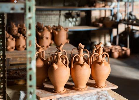 Handmade Clay Jugs in Pottery Workshop Stock Photo - Image of material ...