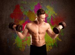 Muscular bodybuilder lifting weight with flaming biceps concept on background | Freestock photos