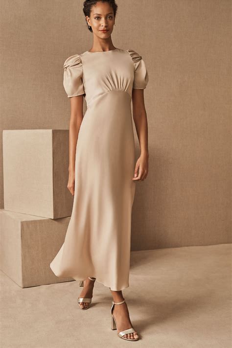 Leyden Satin Midi Dress - BHLDN | Midi dress with sleeves, Ivory bridesmaid dresses, Bridesmaid ...