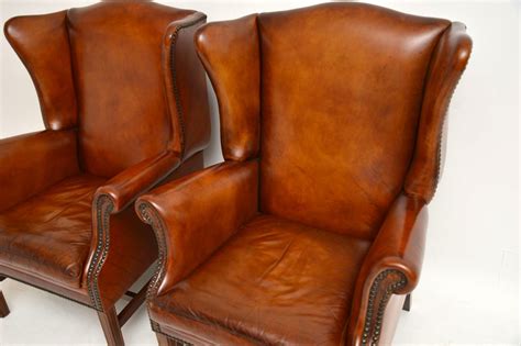 Pair of Antique Swedish Leather Wing Back Armchairs | Marylebone Antiques