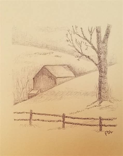 drawing of a barn | Landscape pencil drawings, Landscape drawings, Tree drawings pencil