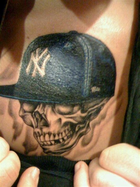 Skull With New York Yankees Cap Chest Tattoo | Tattooshunt.com | Skull ...