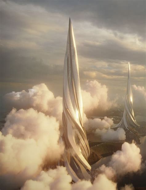 two futuristic skyscrapers in the middle of clouds