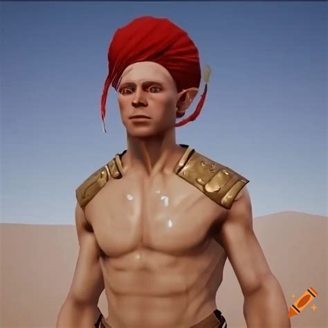 Render of a pale elf man in a desert with a red turban hat on Craiyon