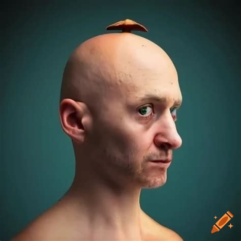 Humorous image of a bald man with a mushroom on his head on Craiyon