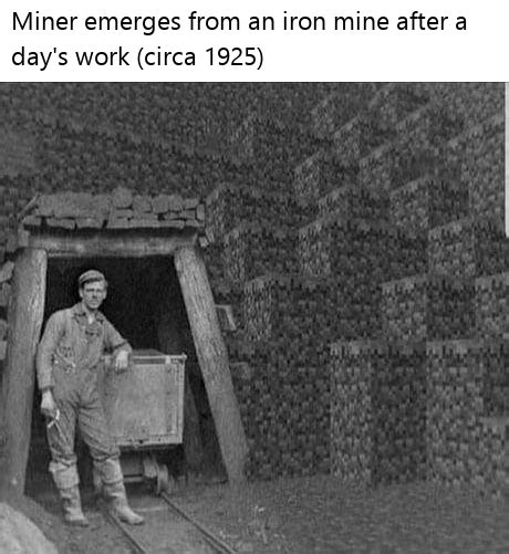 Miner emerges from an iron mine after a day's work (circa 1925) : r ...