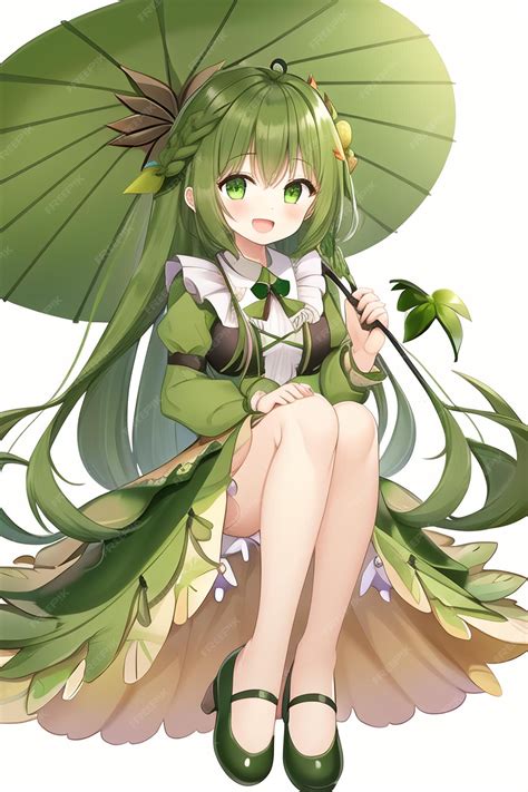 Premium AI Image | Anime girl with a green dress and a green umbrella