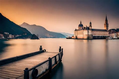 Premium AI Image | a castle on a lake at sunset