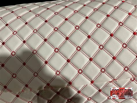 Diamond Quilted Faux Leather White with Red stitching Vinyl Fabric Foam ...