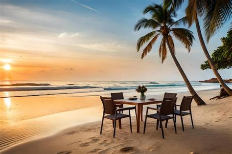 Premium Photo | A table on the beach at sunset