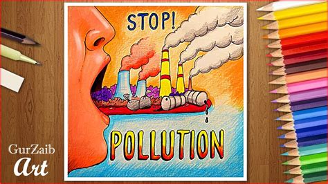 Stop pollution poster drawing || chart project making ideas on pollution - step by step ( very ...