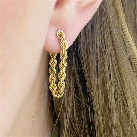 Gold Chain Earrings, 14 Karat Yellow Gold Dangle Loop Hoop Earrings, Rope Chain at 1stDibs ...