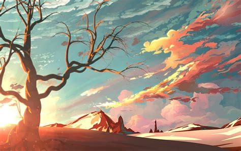 Red Sky Mountains Trees Digital Art Painting, Painted Sky HD wallpaper | Pxfuel