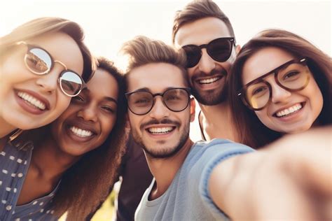 Premium AI Image | Generative ai multicultural group happy friends having fun taking selfie smiling