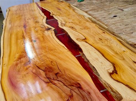 Live edge Yew. Kitchen island top. Water Clear Amber resin with metal pins. Custom made by Green ...