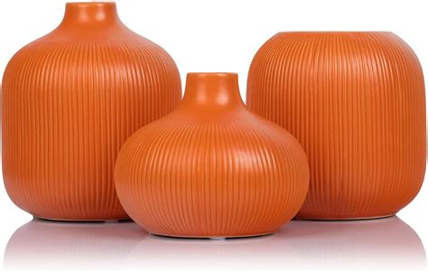 Amazon.com: Orange Ceramic Vase Set of 3, 3 Orange Small Ribbed Vase ...
