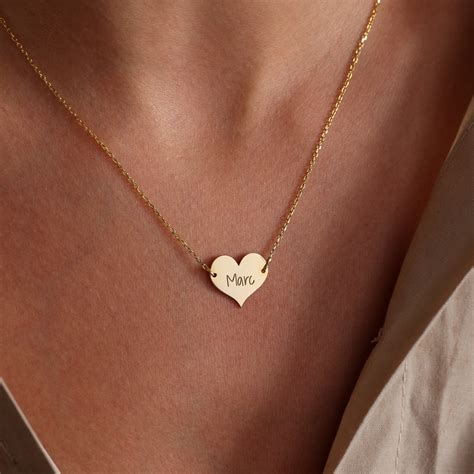 14K Solid Gold Heart Necklace Heart Name Necklace - Etsy