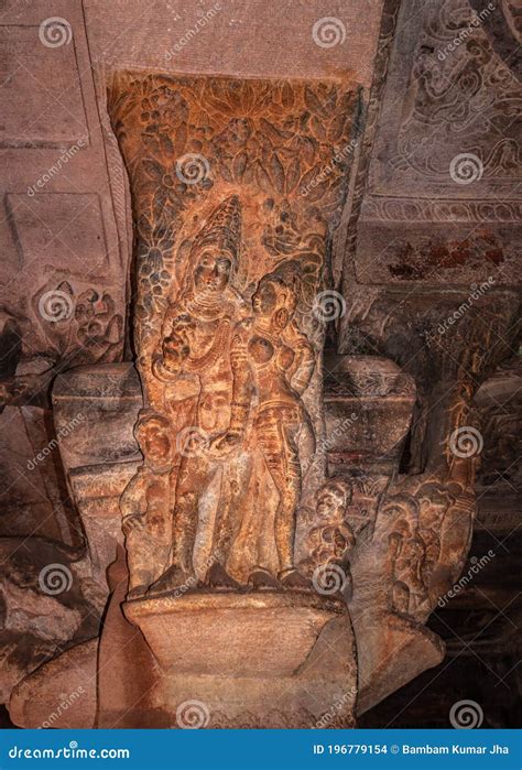 Badami Cave Sculptures of Hindu Gods Carved on Walls Ancient Stone Art in Details Stock Photo ...