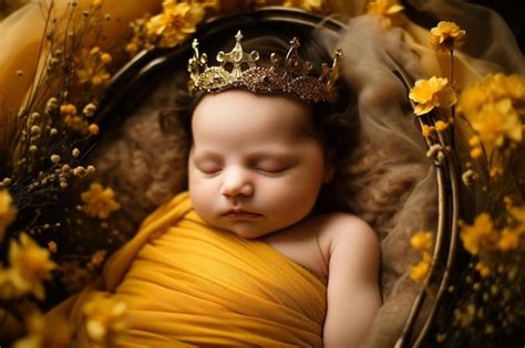 Premium AI Image | portrait of newborn baby girl lying in a basket with golden crown and yellow ...