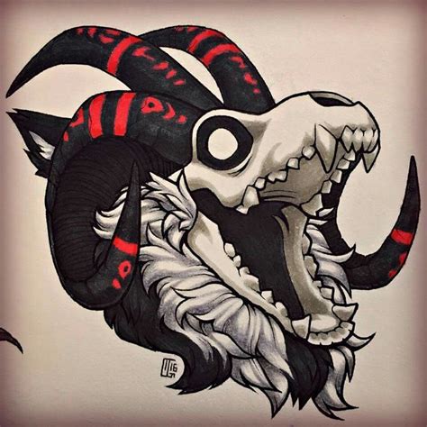 a drawing of a ram with horns and fangs