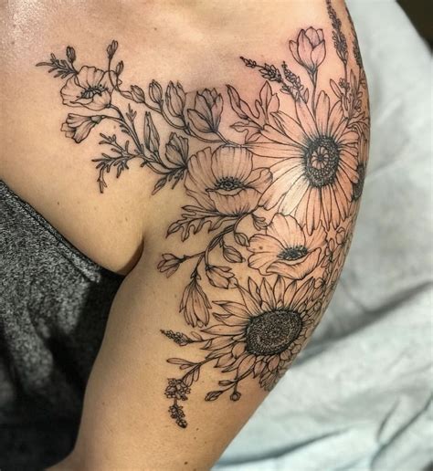Shoulder Cap Tattoo, Sunflower Tattoo Shoulder, Shoulder Tattoos For Women, Sunflower Tattoos ...