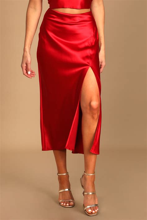 Red Satin Skirt - Satin Midi Skirt - High-Waisted Skirt - Skirts - Lulus