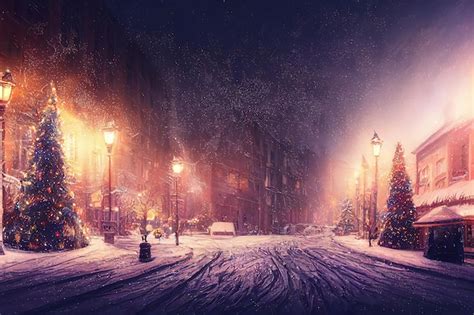 Premium Photo | A beautiful digital artwork of snowy street with christmas trees and lights ...