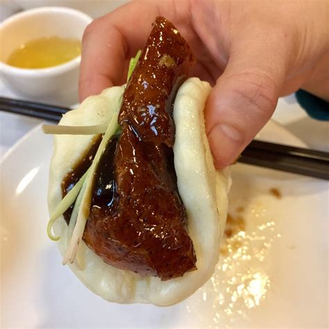 [I ate] Chinese Peking Duck in a Chinese pancake, with hoisin sauce and scallions. : food