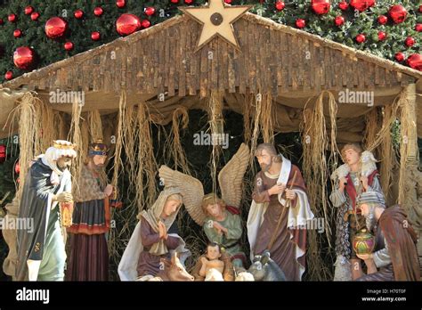 Christmas in Bethlehem, Nativity scene by the Christmas tree in Stock ...