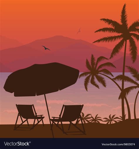 Beach sunset two chair palm tree and umbrella Vector Image