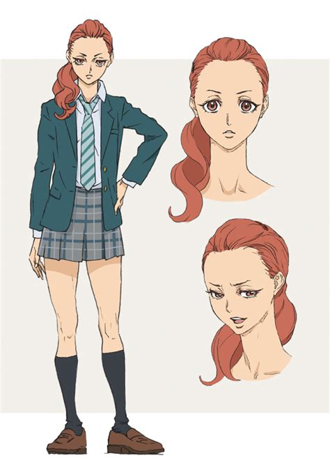 an anime character with long red hair wearing a skirt and jacket ...