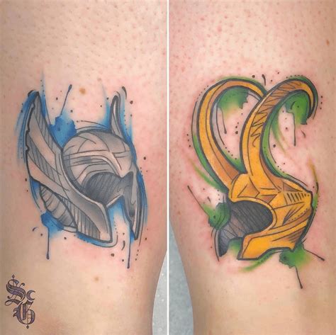 Tattoo uploaded by Shauna Gregory • Thor and Loki helmets I tattooed ...