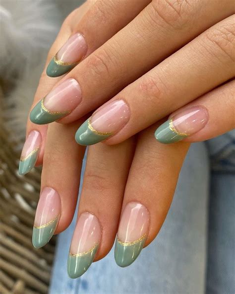 Sage Green and Gold French Tip Nails