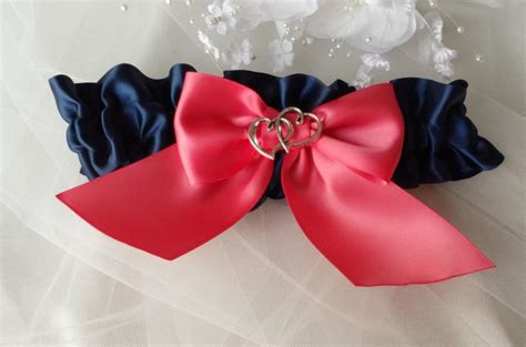 Navy Blue Garter With Big Coral Bow Something Blue Garter Double Heart Scarlet Bridal Gift ...