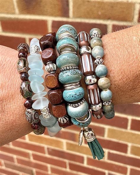 Stackable Beaded Multilayered Stretch Bracelets in Brown and Bluish Green Tones. - Etsy