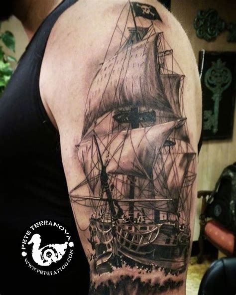 Black and gray sailing ship tattoo | Ship tattoo, Ship tattoo sleeves, Nautical tattoo