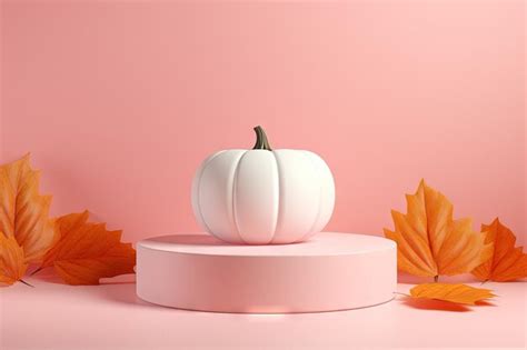 Premium AI Image | Autumn themed Halloween product podium with ceramic white pumpkin decor in ...