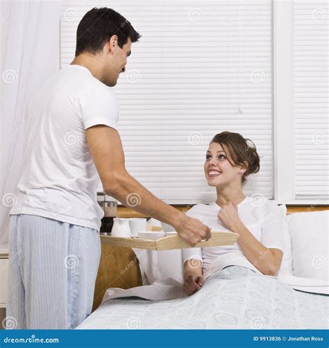 Male Serving Female Breakfast In Bed Stock Photo - Image: 9913836