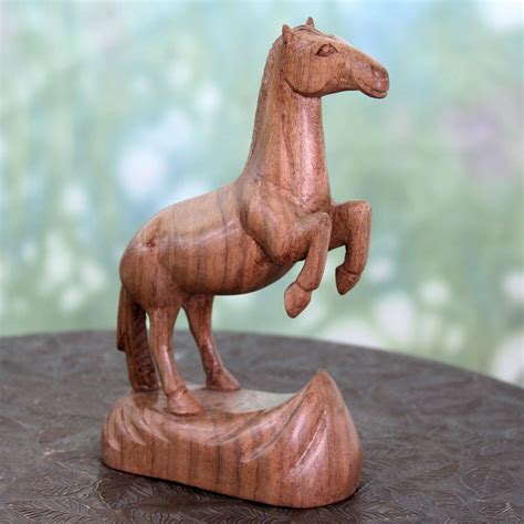 Hand Carved Walnut Wood Sculpture of Horse from India - Joyful Horse ...