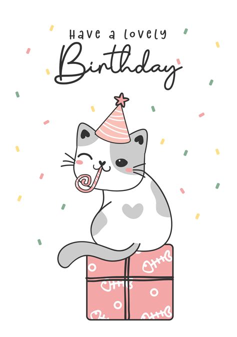 happy birthday cat greeting card, cute sweet gray kitty cat birthday ...