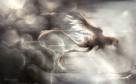 a bird flying through the air with lightning in the background