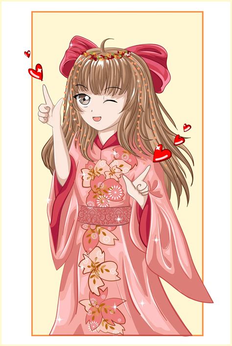 Beautiful anime girl with brown hair wearing pink kimono and red hair ...