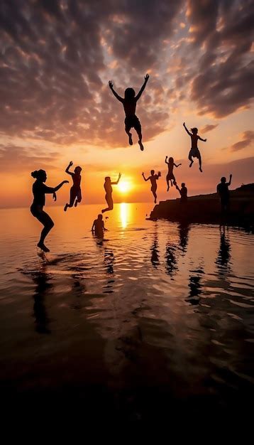 Premium Photo | Photo full shot of people jumping in sunset